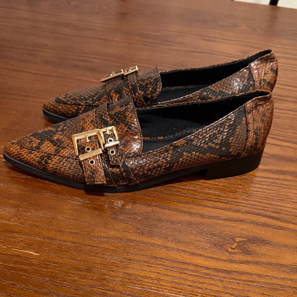 ASOS Design Brown Snakeskin Loafers with Gold Buckle